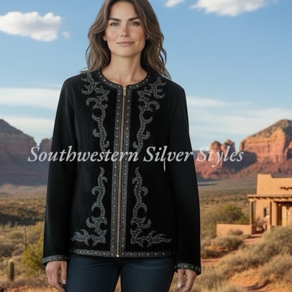 Linea by Louis Dell’Olio Southwestern Black Suede Leather Golden Studs Jacket